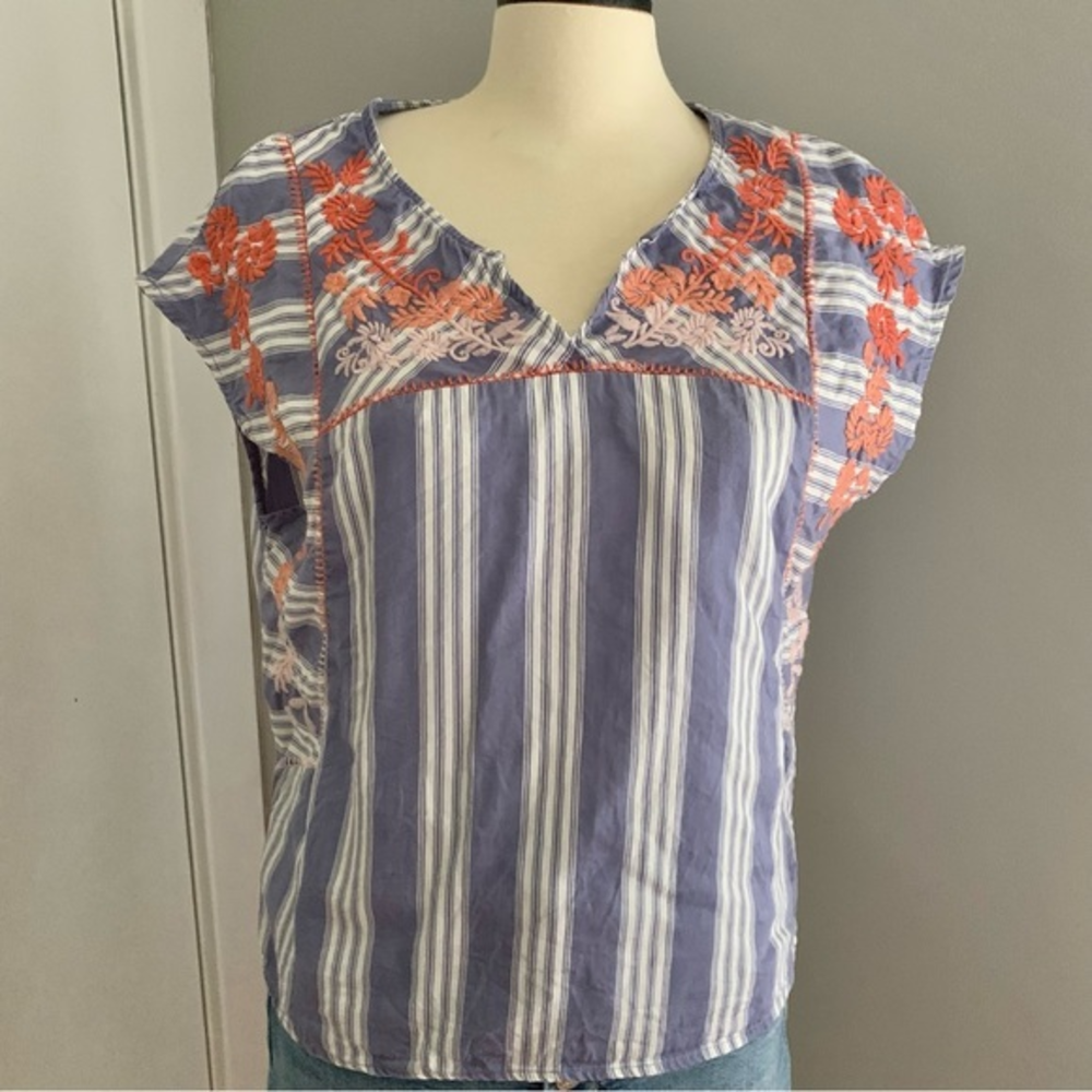 STANDARD GRACE Striped‎ Embroidered Short Sleeve Blouse Sz Sm